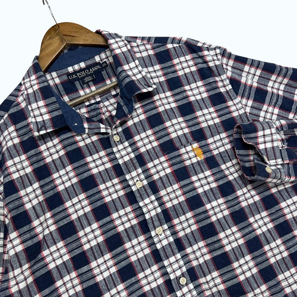 US Polo Assn Mens XXL Plaid Button Down Shirt Navy Red Long Sleeve EUC